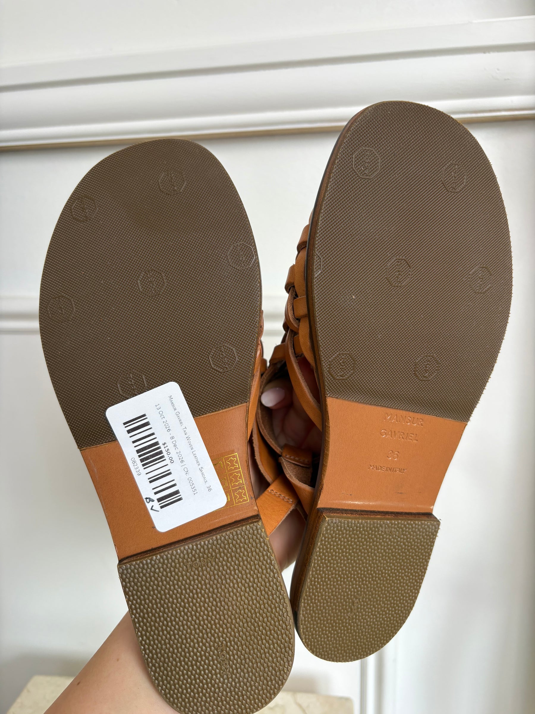 Mansur Gavriel Tan Woven Leather Sandals, 36