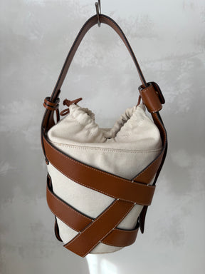 STAUD Tan Leather and Canvas Bucket Bag