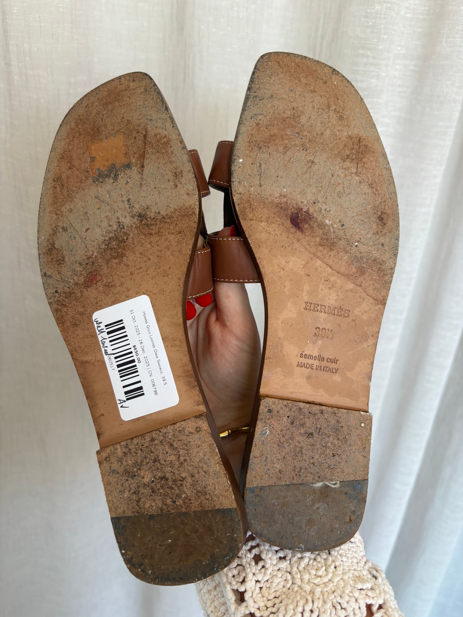 Hermès Gold Leather Oran Sandals, 39.5