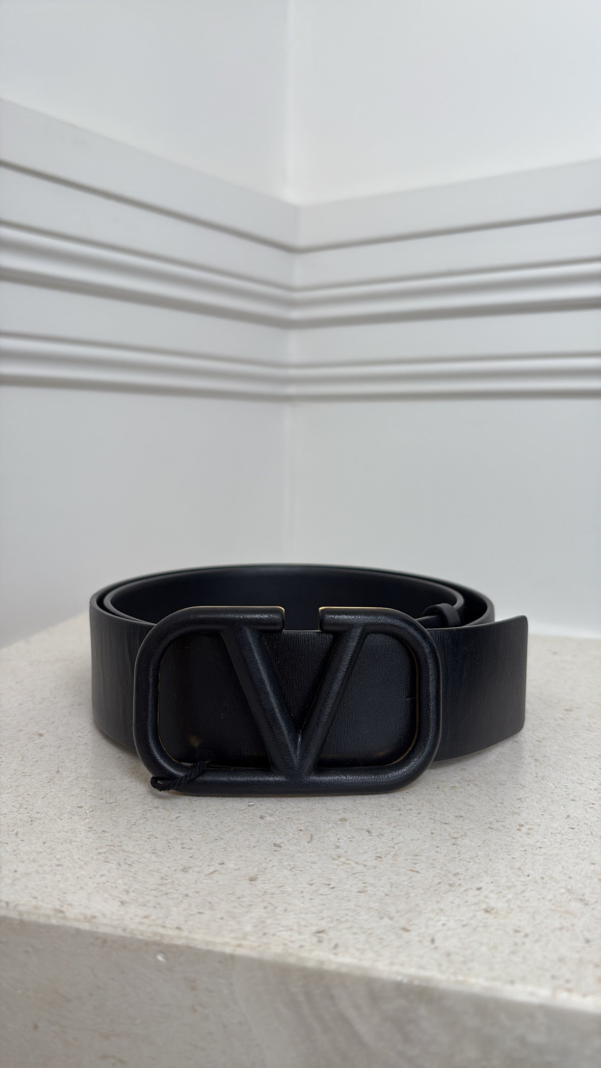Valentino Garavani Black on Black Leather Logo Belt, 80