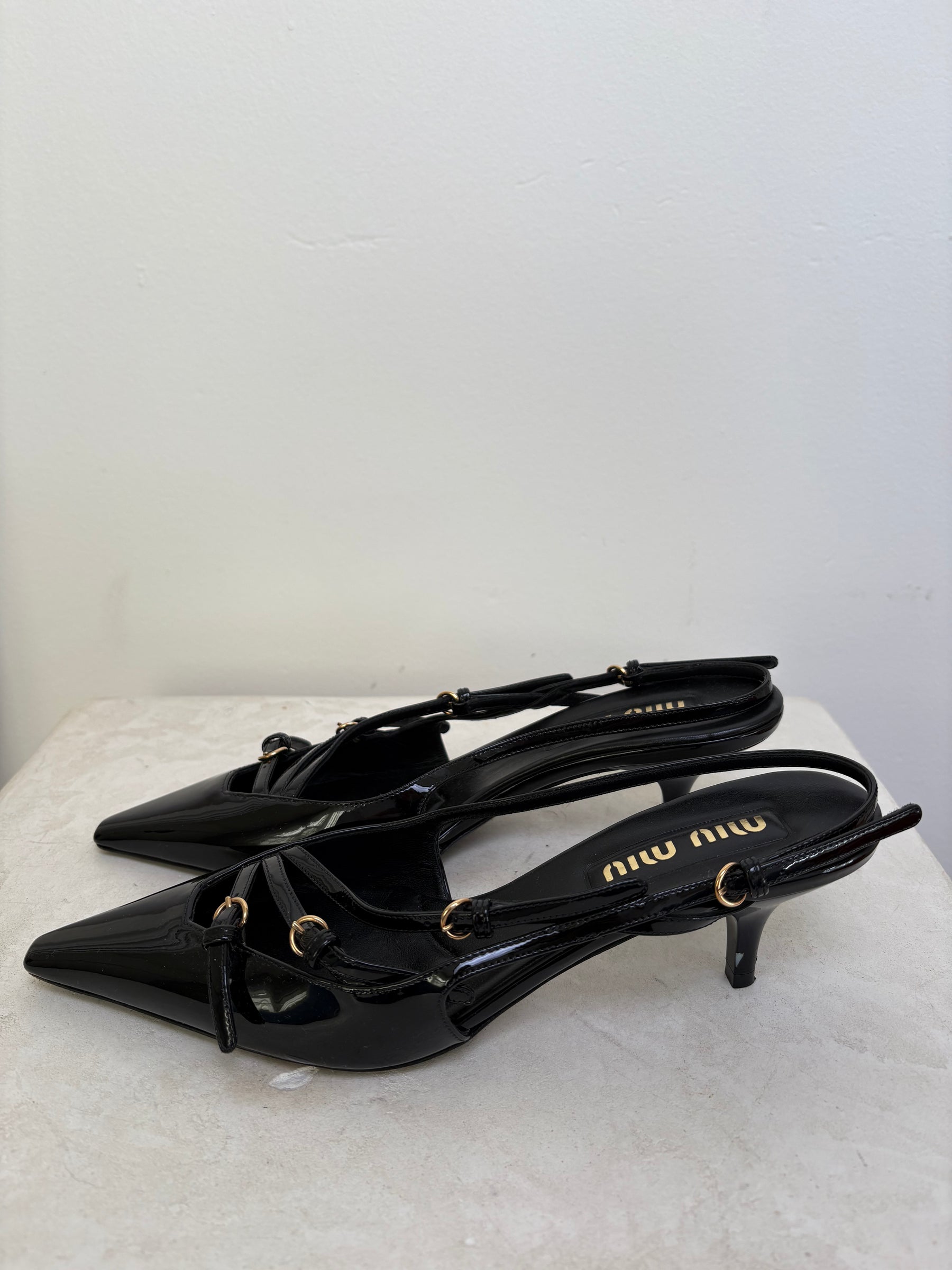 Miu Miu Black Patent Leather Singback Heels With Buckles 7cm, 38