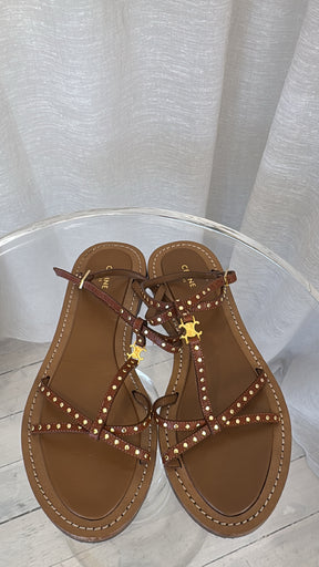 Celine Triomphe Tan Vegan Leather Sandals With Gold Studs, 39
