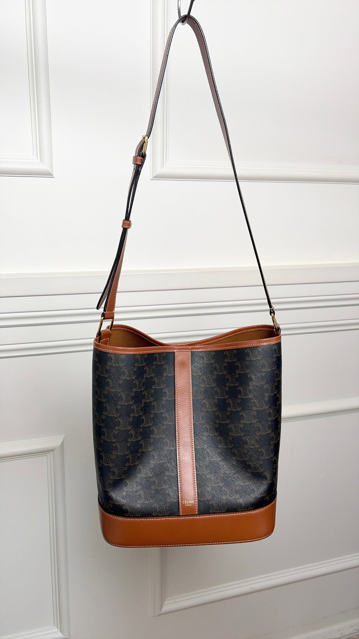 Celine Medium Bucket Bag in Triomphe Canvas and Tan Calfskin