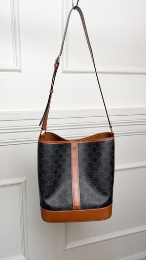 Celine Medium Bucket Bag in Triomphe Canvas and Tan Calfskin
