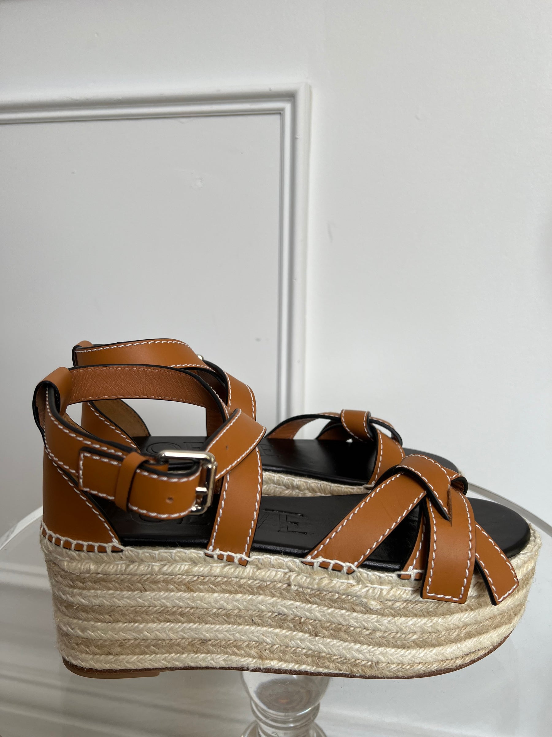 Loewe Tan Leather Gate Wedge Espadrille Sandals, 41