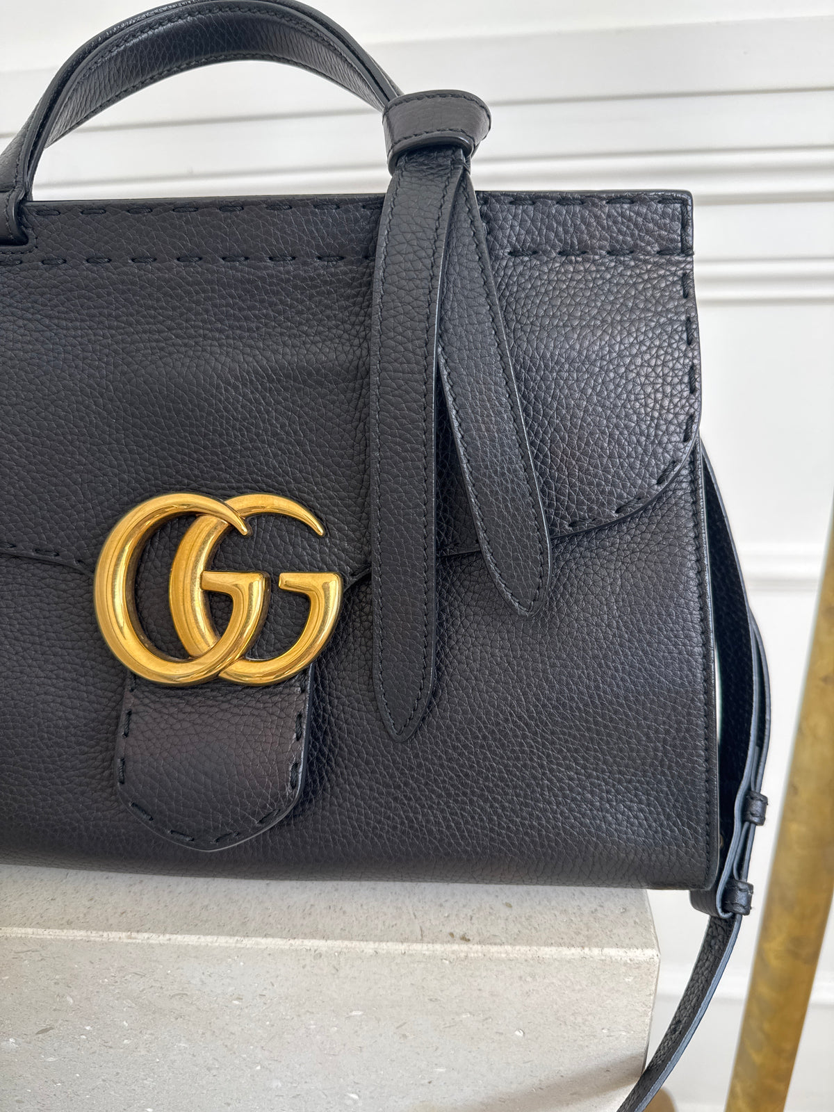 Gucci GG Marmont  Small Top Handle Bag In Black Grain Leather