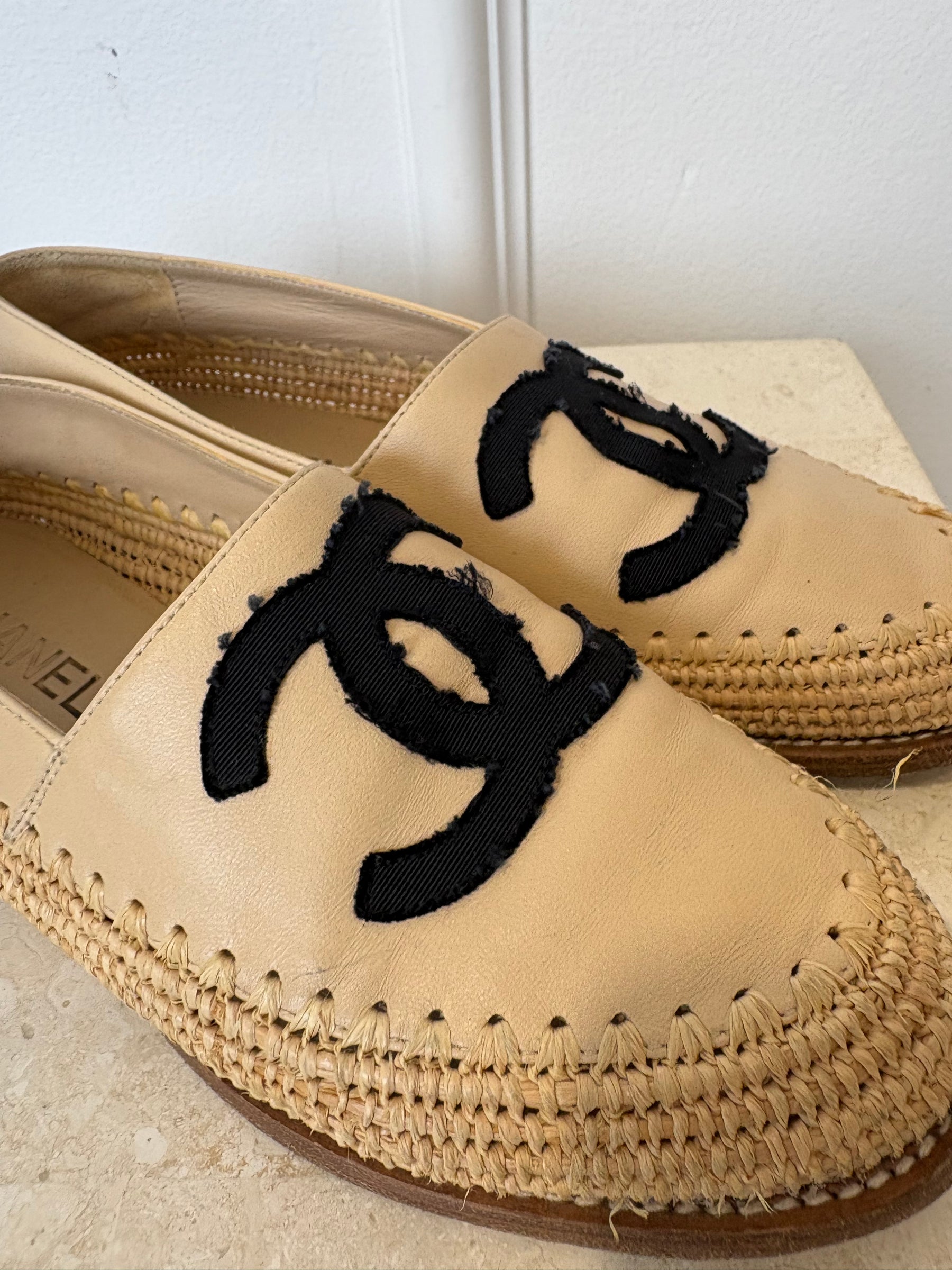 Chanel Beige Leather and Raffia Logo Loafer, 37