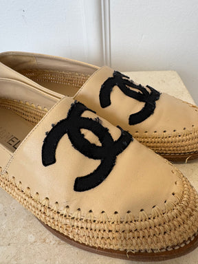 Chanel Beige Leather and Raffia Logo Loafer, 37