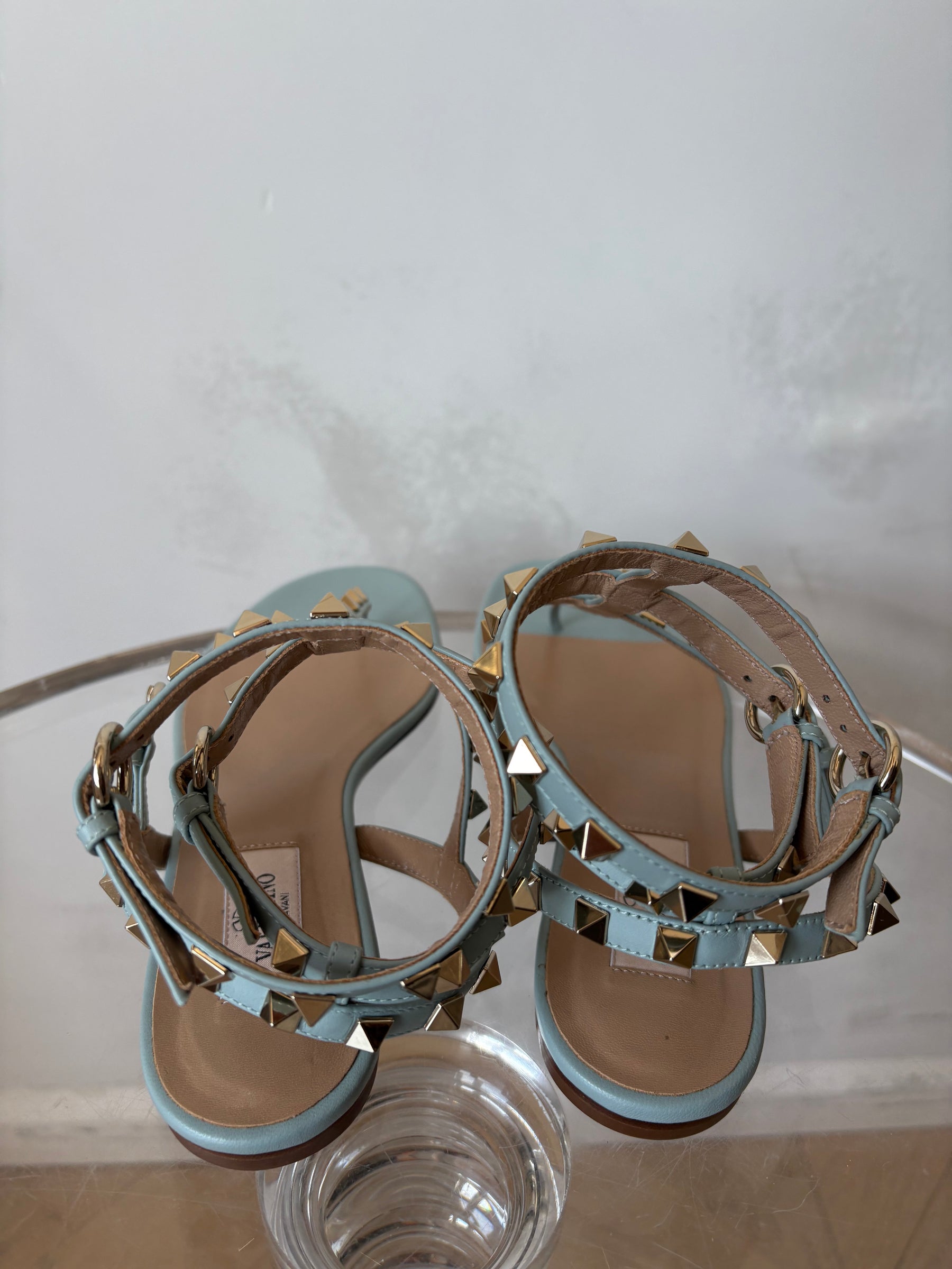 Valentino Garavani Pale Blue Leather Rockstud Sandals, 37.5