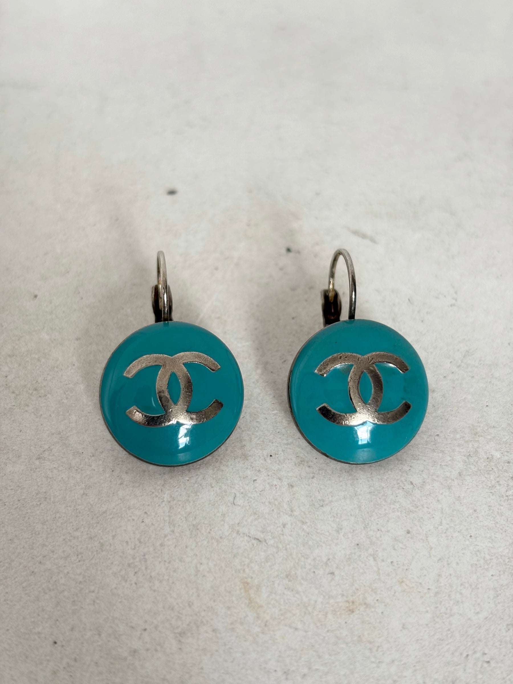 Chanel Silver and Turquoise Logo Drop Earrings