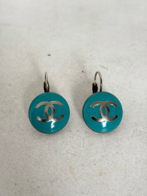 Chanel Silver and Turquoise Logo Drop Earrings