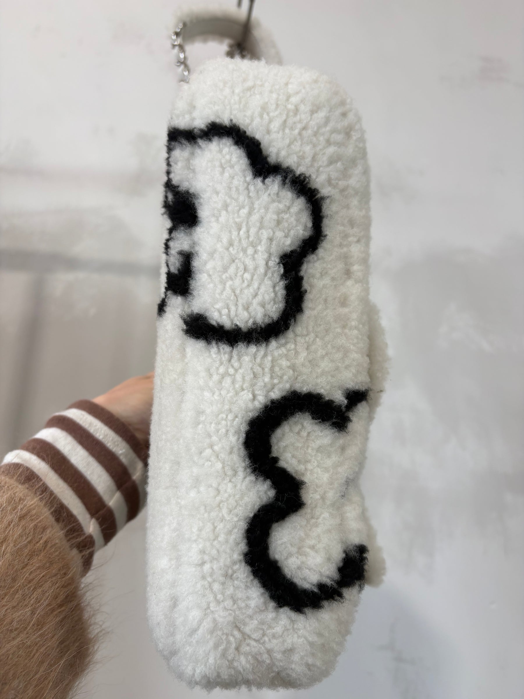 Chanel White and Black Floral Logo Medium Shearling Flap Bag