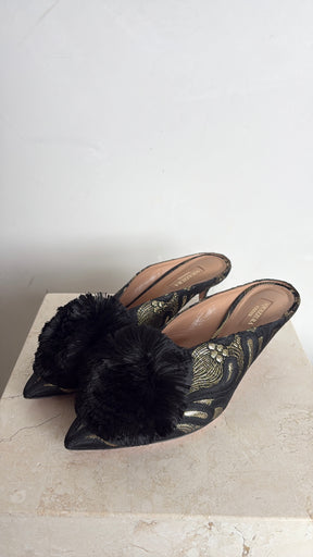 Aquazzura Jacquard Plumes Mules Black Gold, 40