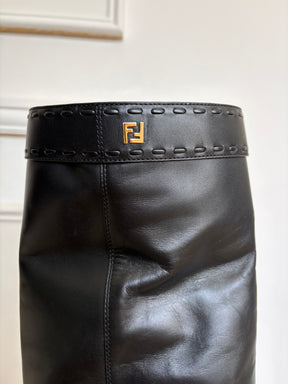 Fendi Black Leather Logo Ankle Boots, 38