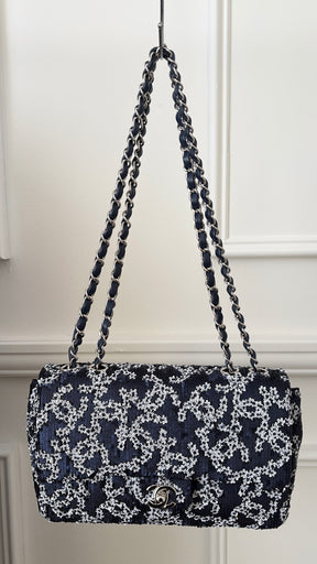 Chanel Navy and White Sequin Logo Medium Flap Bag
