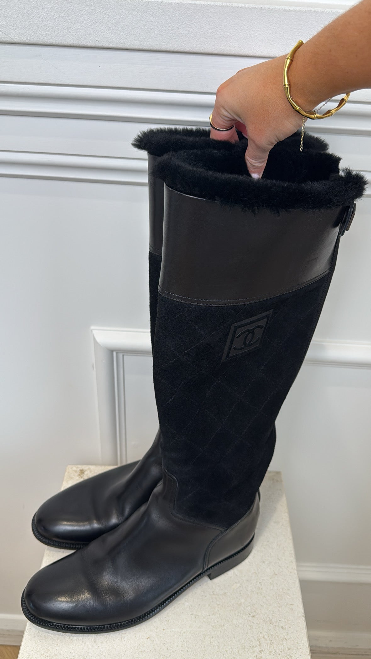 Chanel Black Leather and Suede Knee High Boots, 41