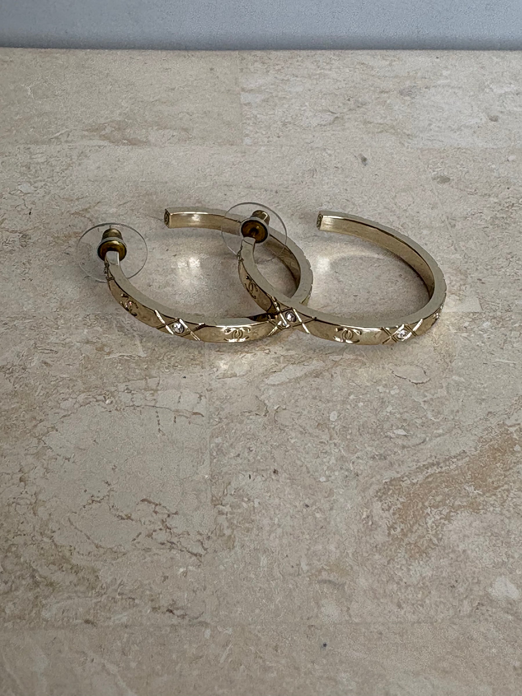 Chanel Gold Tone Crystal Logo Hoop Earrings