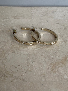 Chanel Gold Tone Crystal Logo Hoop Earrings