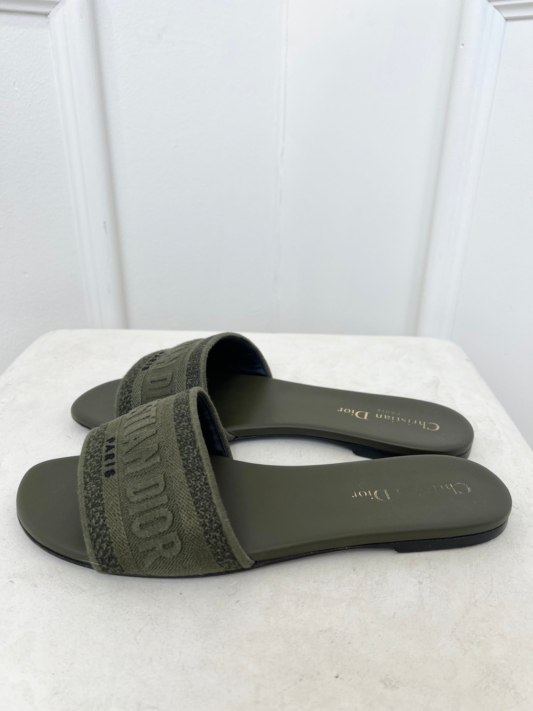 Christian Dior Khaki Embroidered D Way Slides, 39