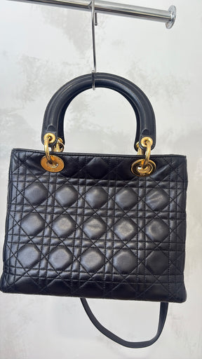Dior Black Cannage Leather Medium Lady Dior With Gold Hardware
