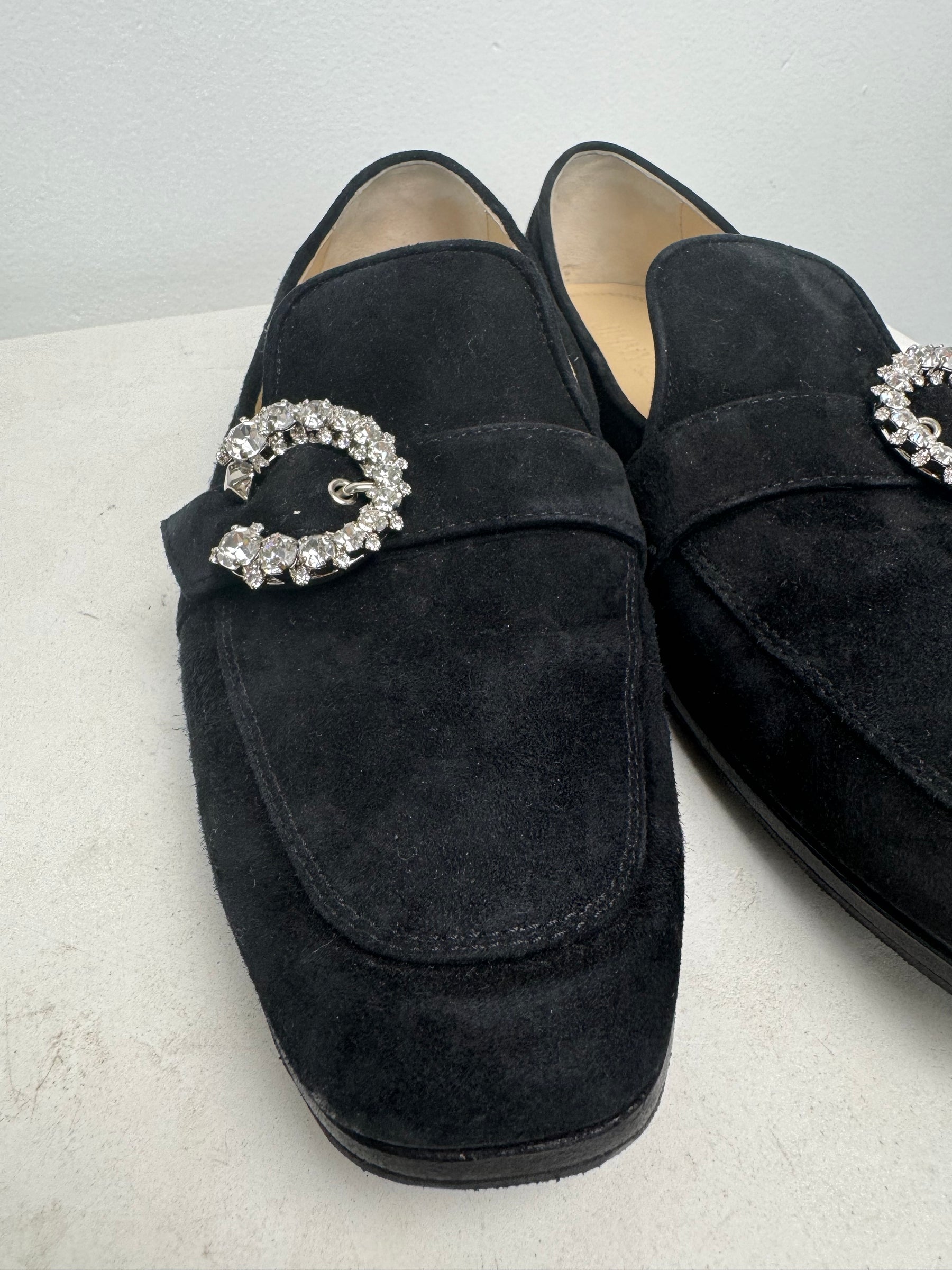 Jimmy Choo Black Suede Mani Loafers Crystal Detail, 39