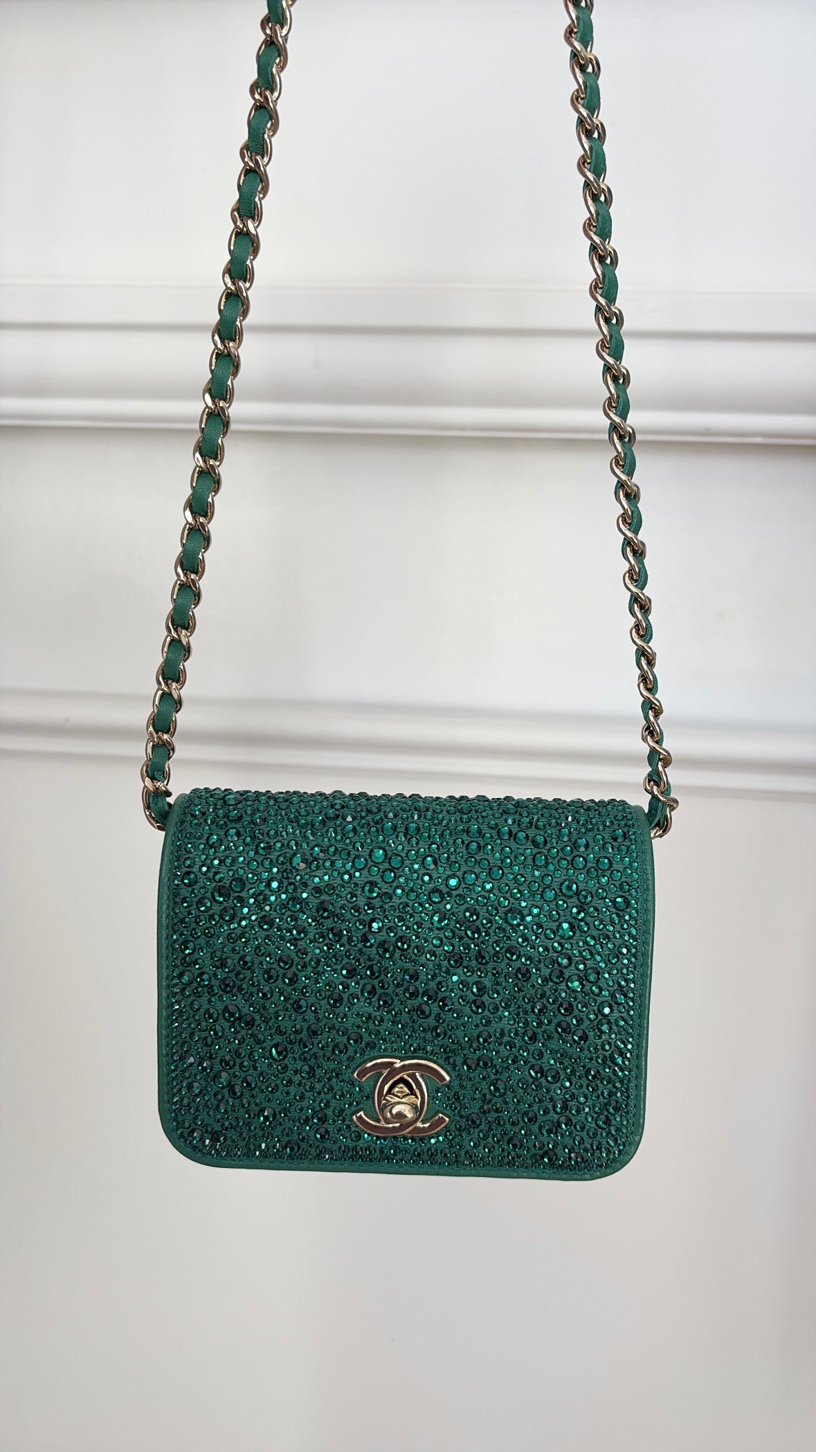 Chanel Emerald Leather and Swarovski Mini Flap Crossbody