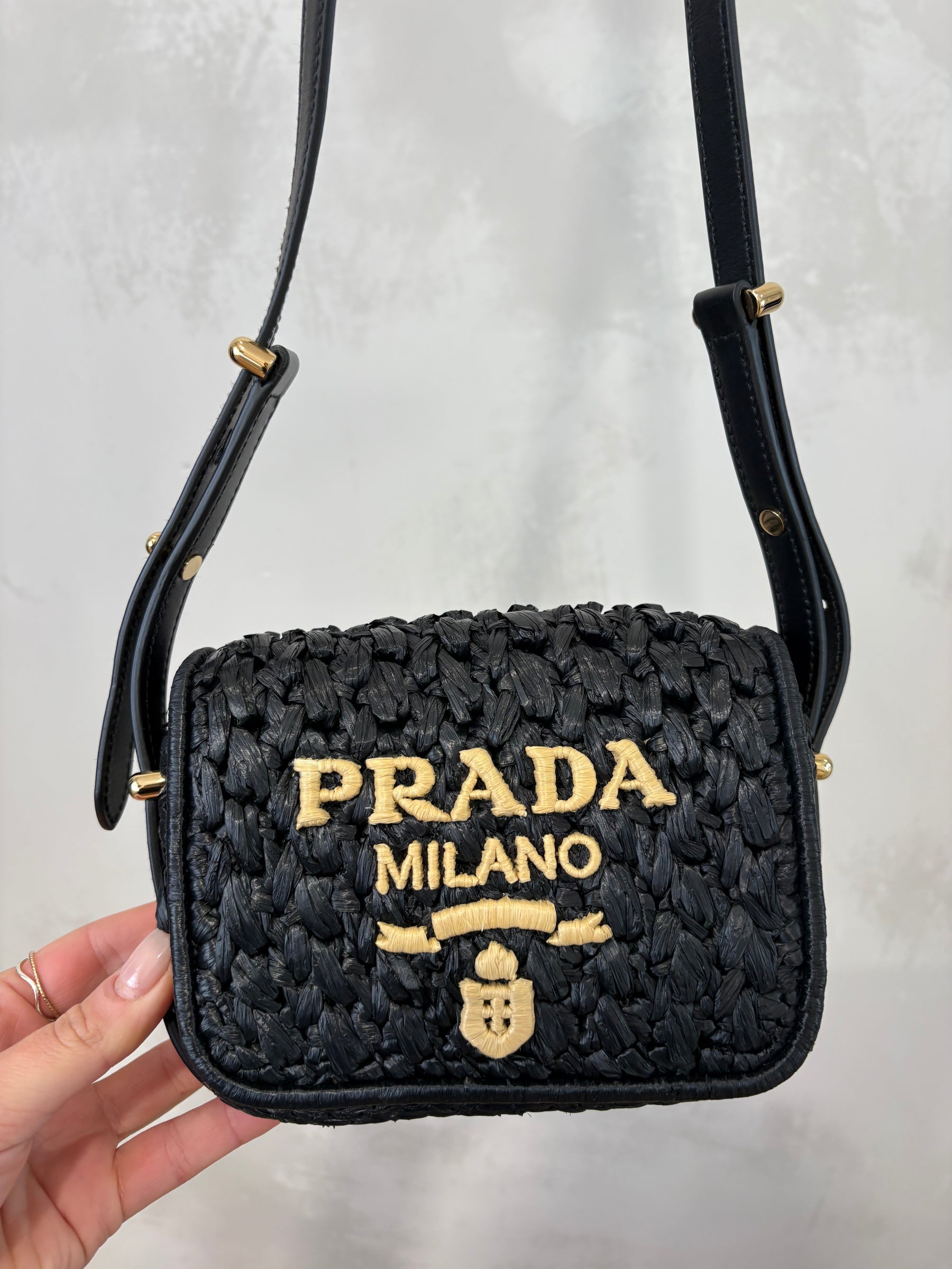 Prada Black Raffia Logo Crossbody Bag