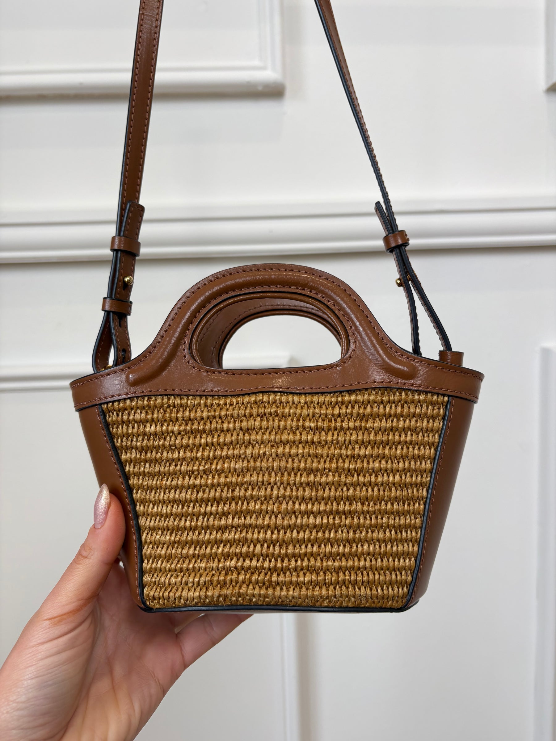 MARNI Brown Leather and Raffia Mini Logo Tote