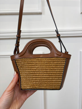 MARNI Brown Leather and Raffia Mini Logo Tote