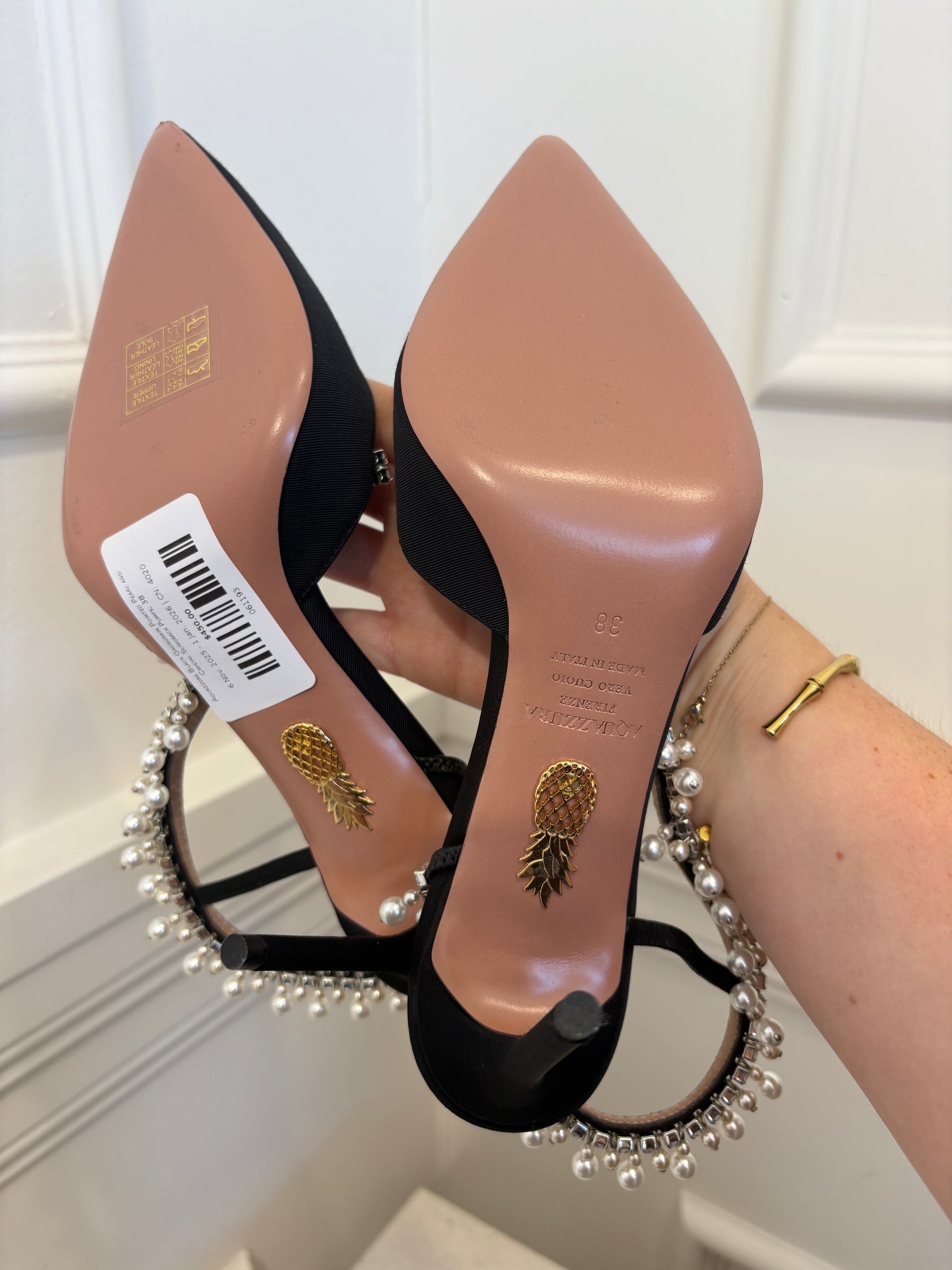 Aquazzura Black Grosgrain Pointed Pearl and Crystal Slingback Pumps, 38