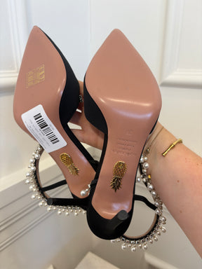 Aquazzura Black Grosgrain Pointed Pearl and Crystal Slingback Pumps, 38