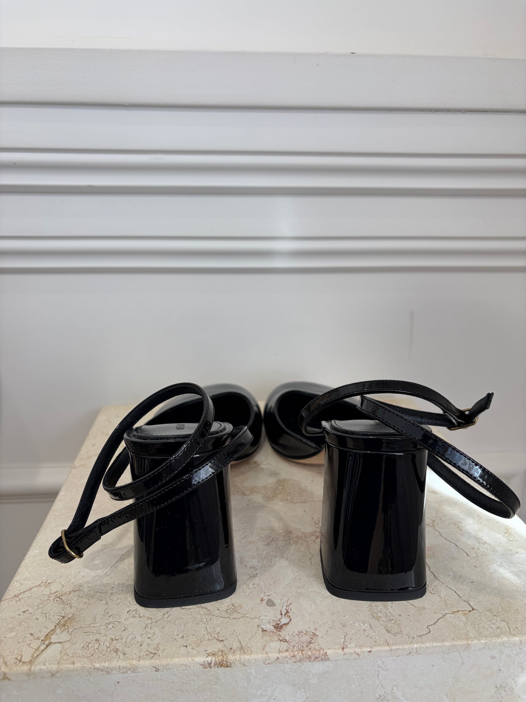 Dear Francis Harlow Black Patent Pumps With Ankle Strap, 40