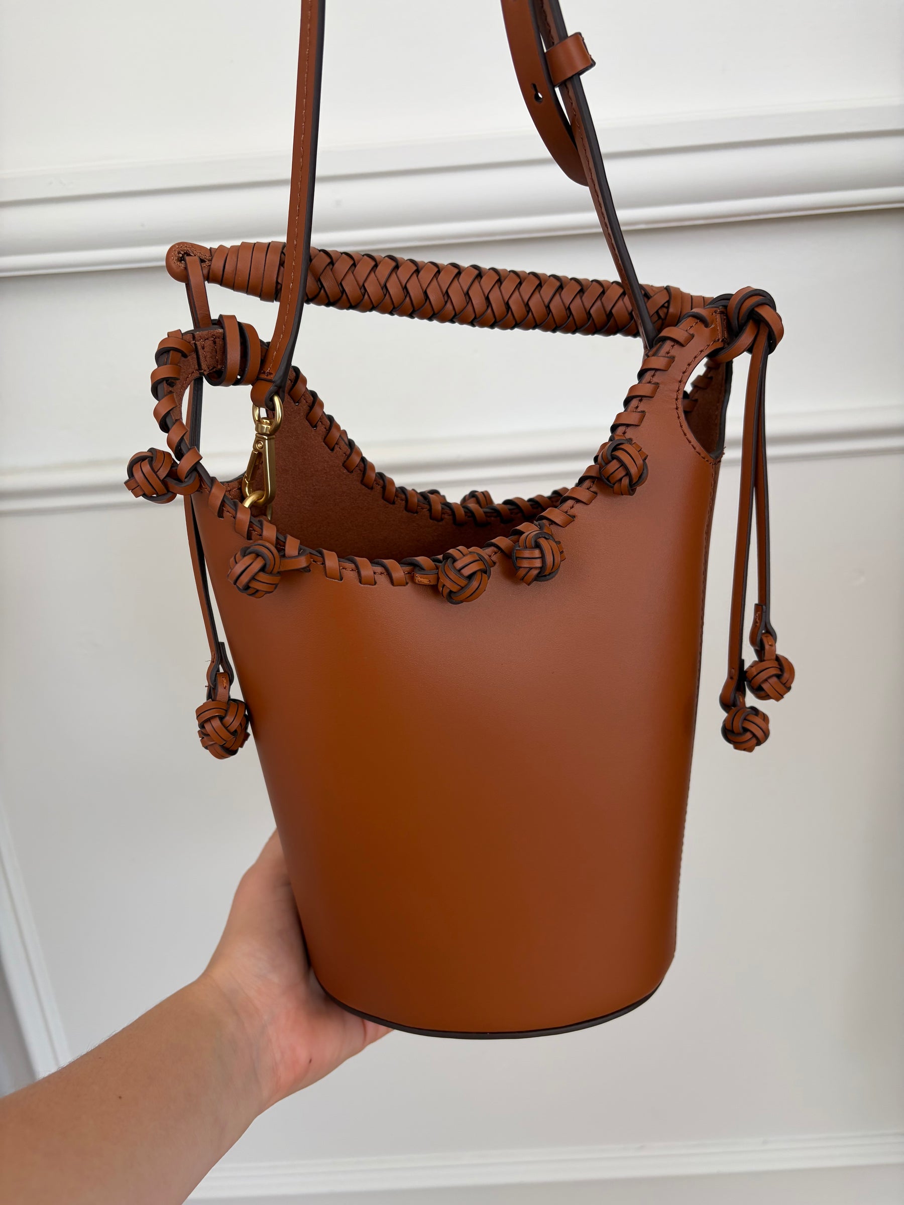 Aje Tan Leather Woven Trim Bucket Bag