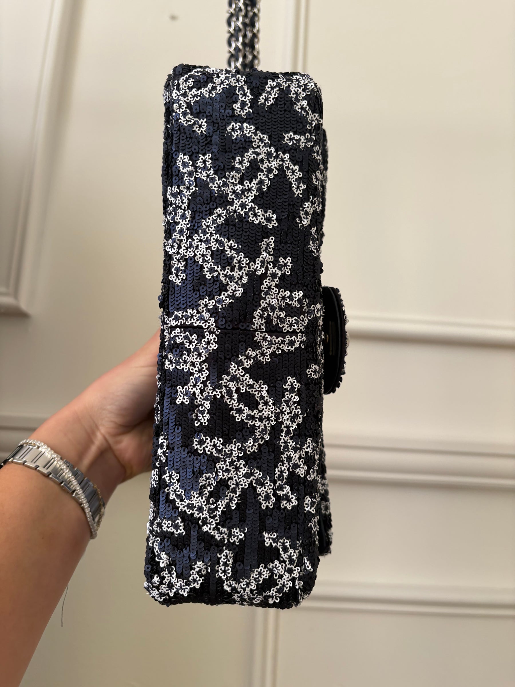 Chanel Navy and White Sequin Logo Medium Flap Bag