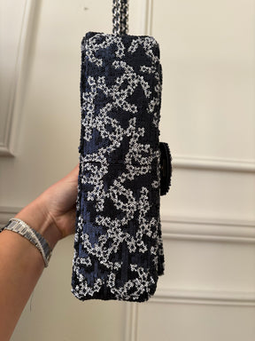 Chanel Navy and White Sequin Logo Medium Flap Bag