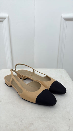 Chanel Beige and Black Slingback Flats, 38.5 C