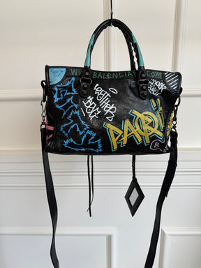 Balenciaga Black Crinkled Leather Graffiti Print City Bag