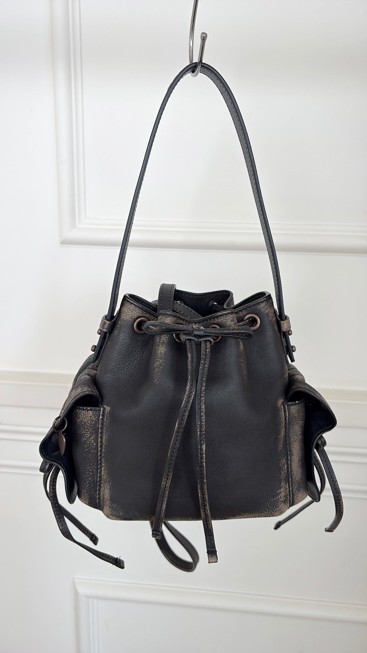 Acne Studios Brown Distressed Leather Multi Pocket Mini Bucket Bag