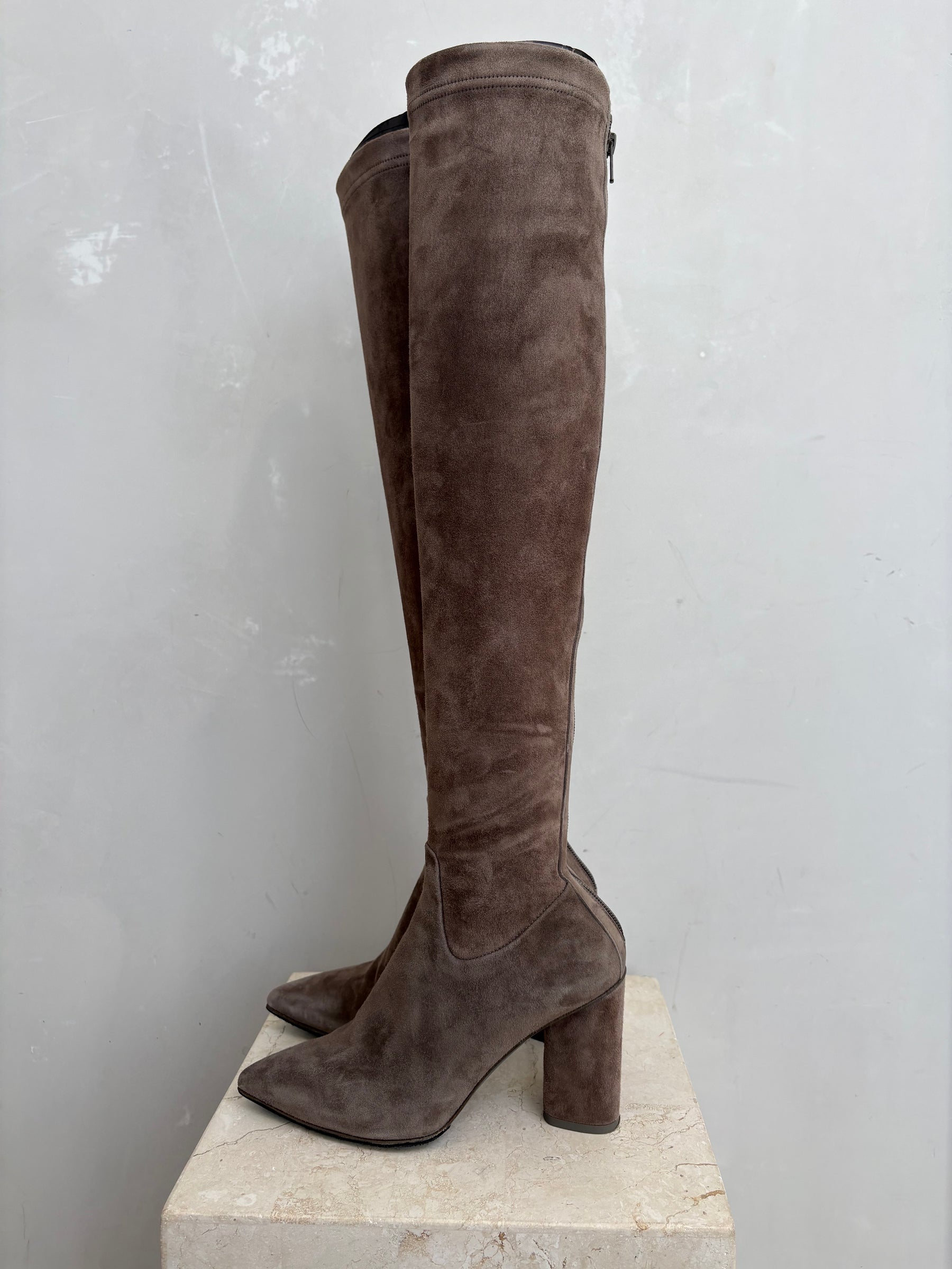 Scanlan Theodore Taupe Suede Pointed Knee High Boots, 38