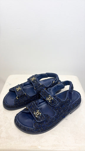 Chanel Blue Tweed Dad Sandals With Crystals And Pearls, 38 C