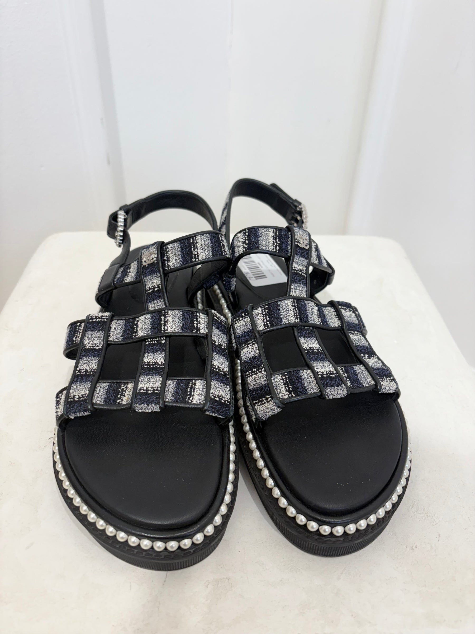 Chanel Black Leather and Tweed Pearl Detail Sandal, 39.5