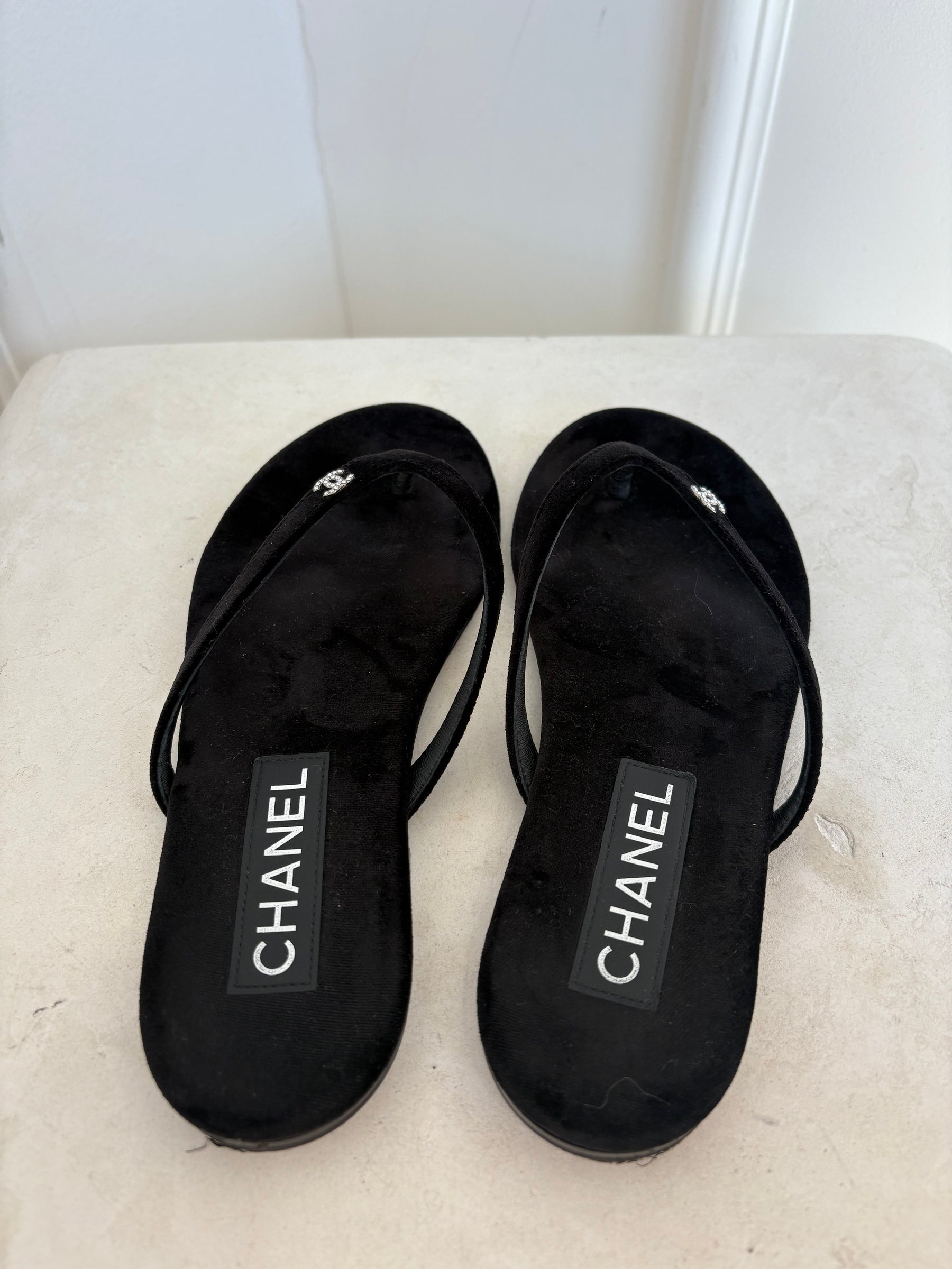 Chanel Black Velvet Crystal Logo Thong, 37 C