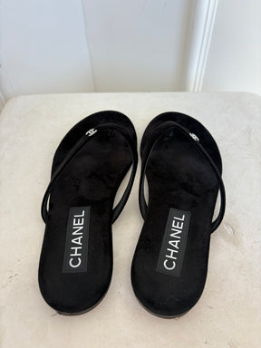 Chanel Black Velvet Crystal Logo Thong, 37 C