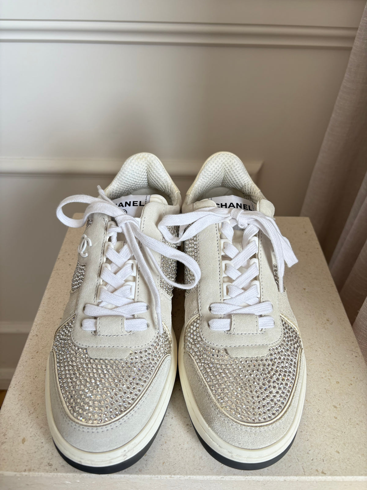 Chanel White and Grey Leather Suede Crystal Sneakers, 38.5