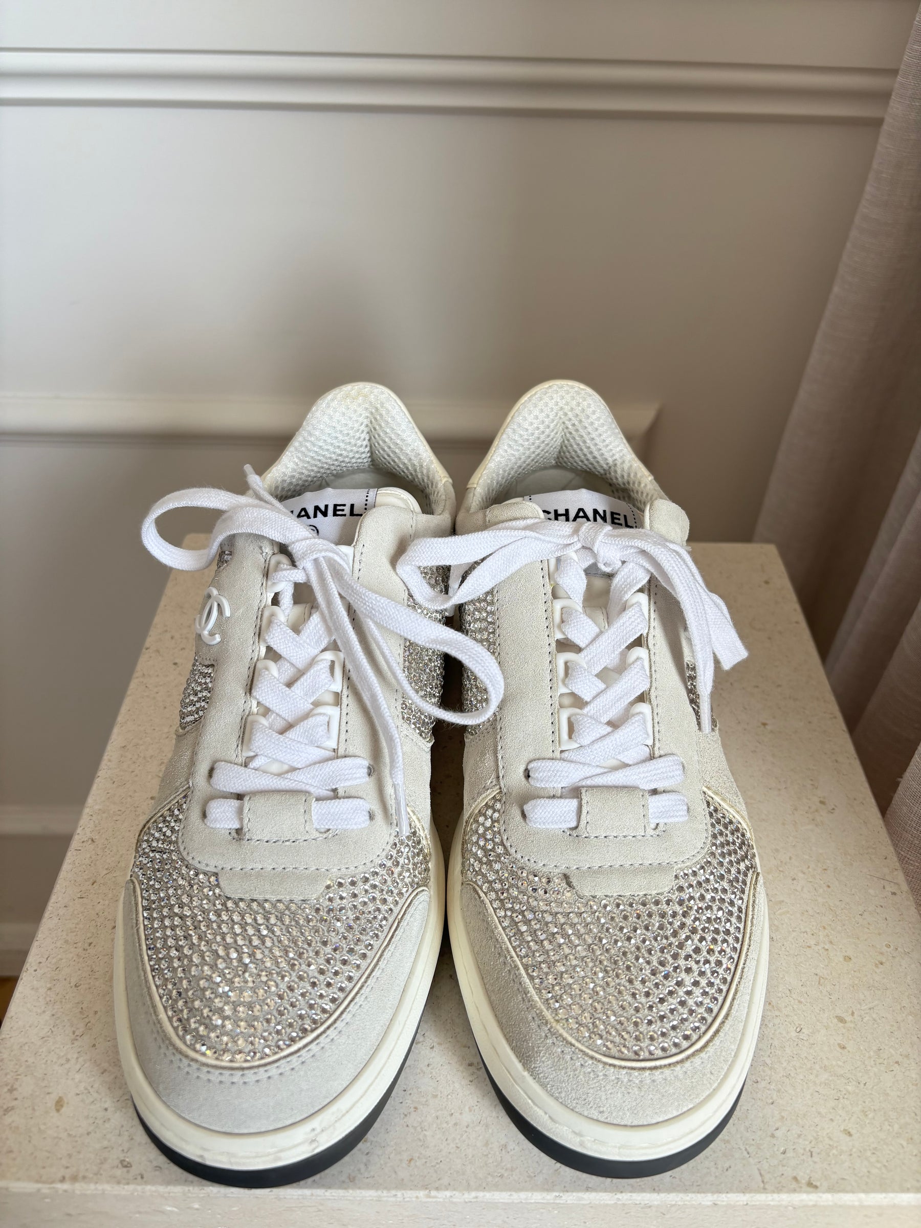 Chanel White and Grey Leather Suede Crystal Sneakers, 38.5