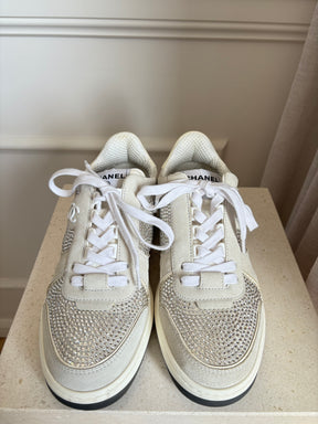 Chanel White and Grey Leather Suede Crystal Sneakers, 38.5