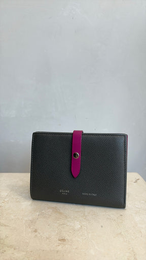 Celine Grey Grained Leather Flap Wallet with Magenta Interior