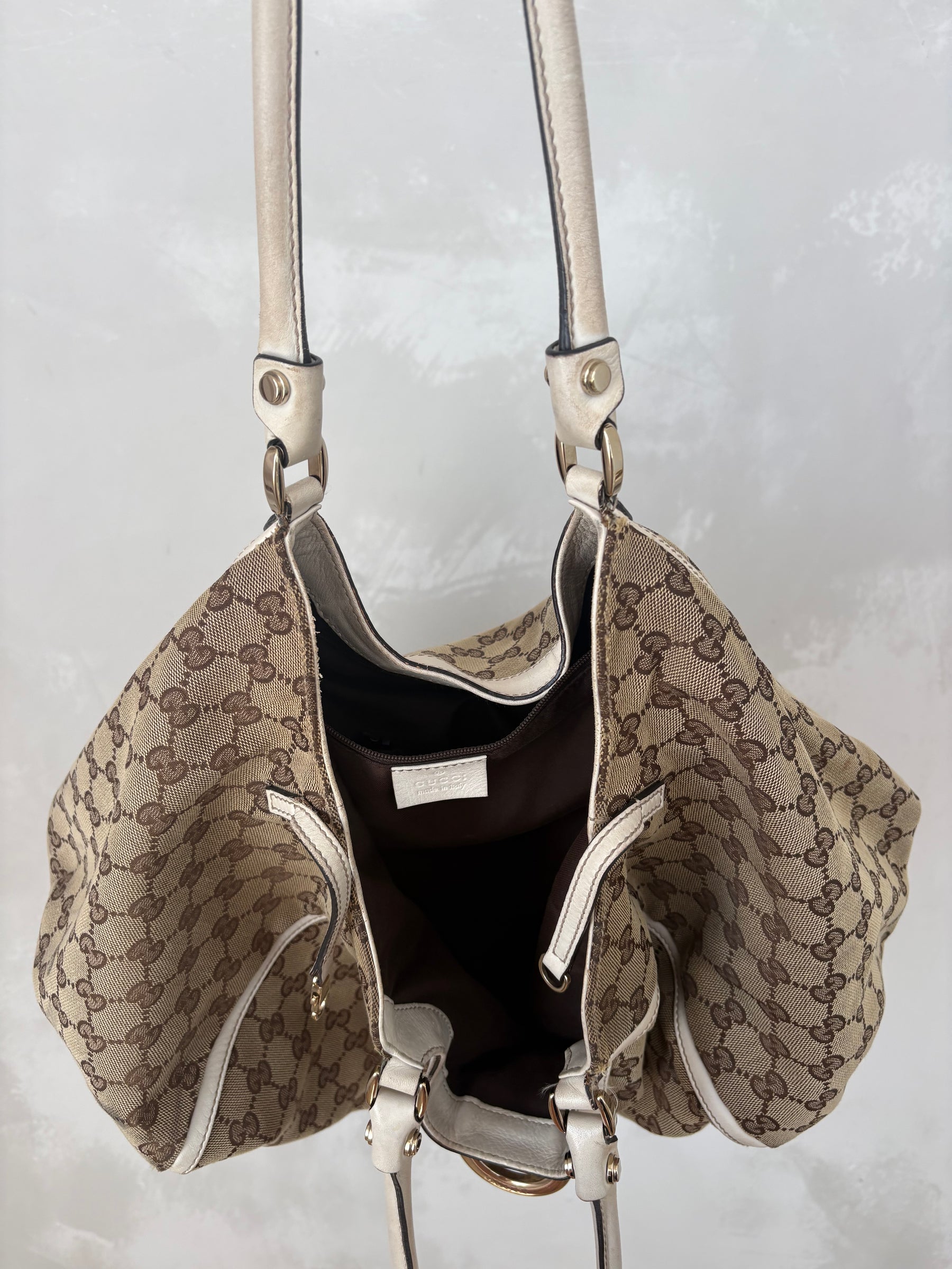 Gucci Canvas Monogram and White Leather Abbey D Ring Hobo Bag