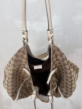 Gucci Canvas Monogram and White Leather Abbey D Ring Hobo Bag