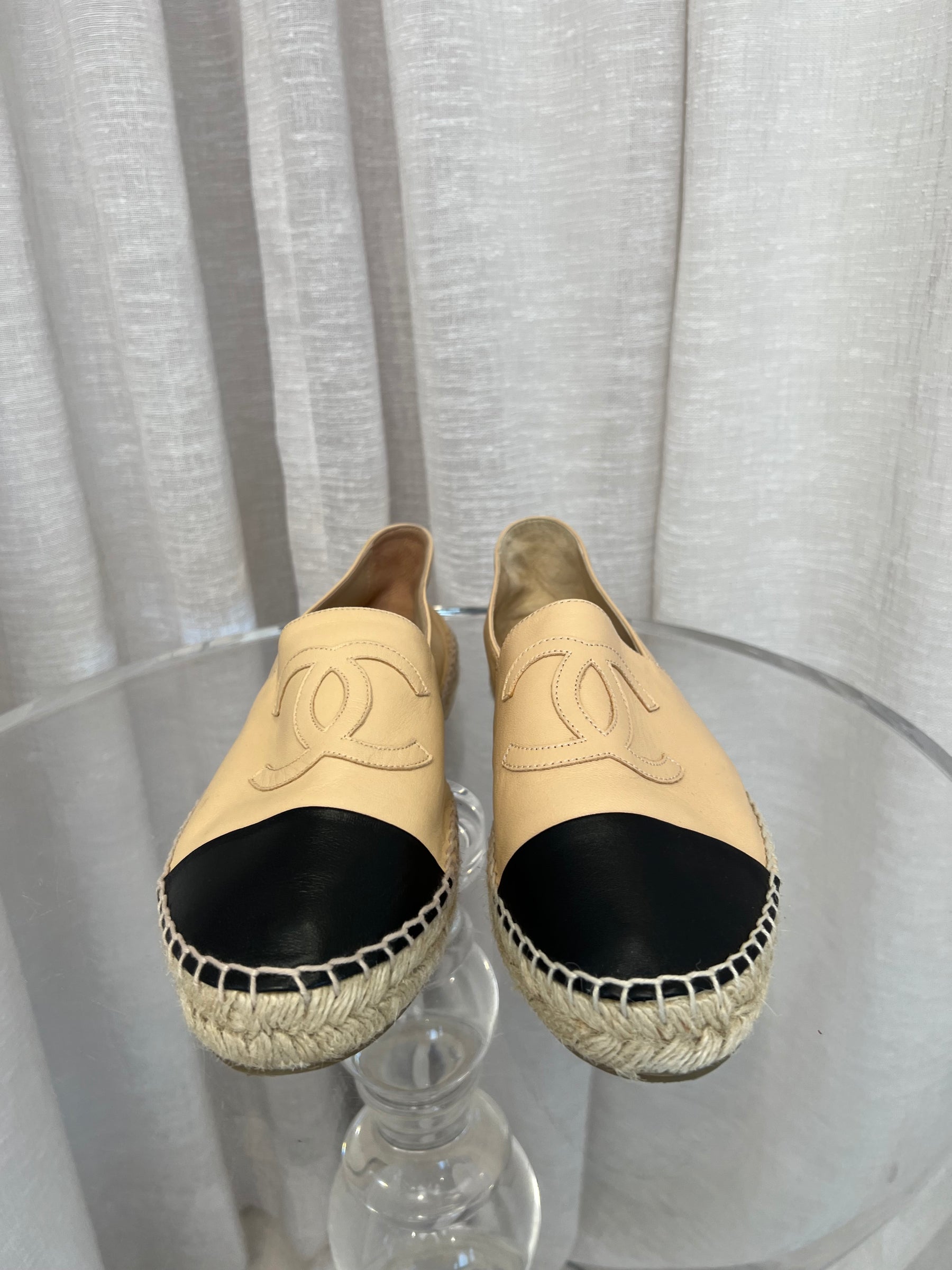 Chanel Beige and Black Leather Logo Espadrilles, 40